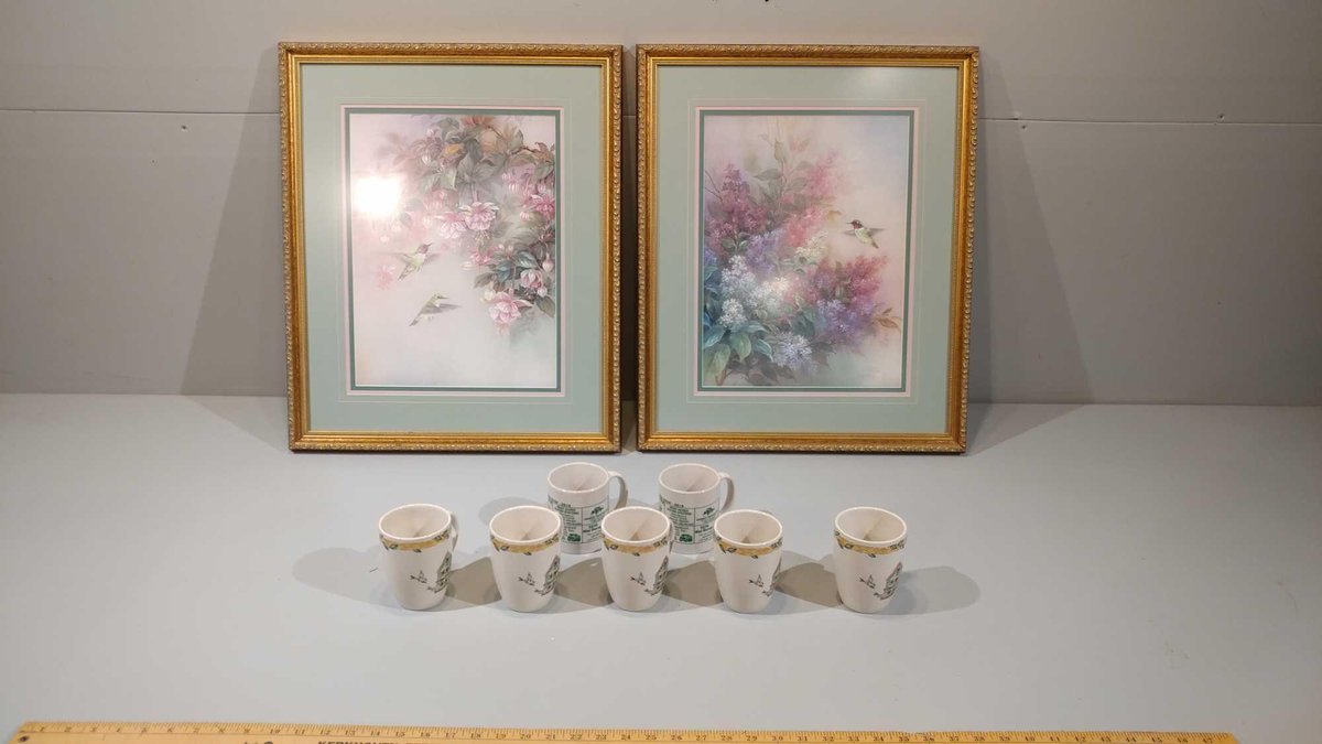 (2) FRAMED PAINTINGS AND ASSORTMENT OF COFFEE CUPS