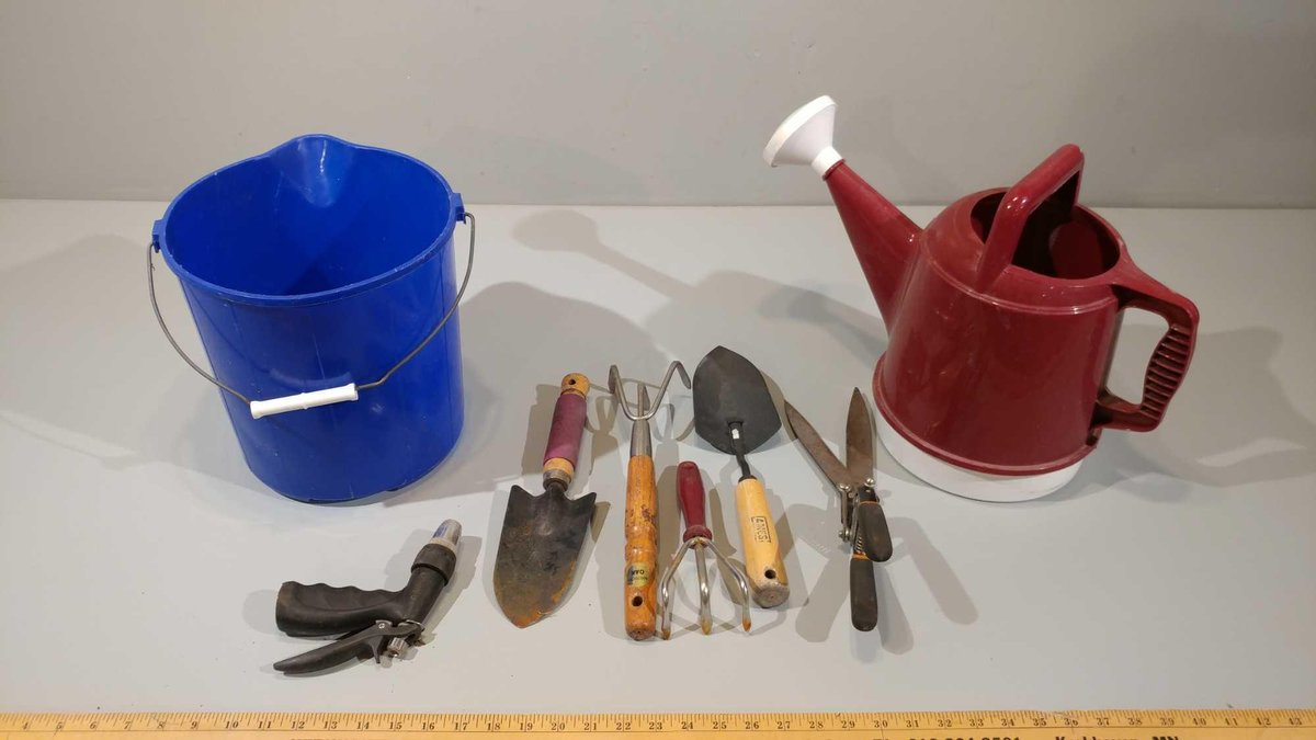 WATERING CAN, BUCKET, AND ASSORTMENT OF GARDENING TOOLS