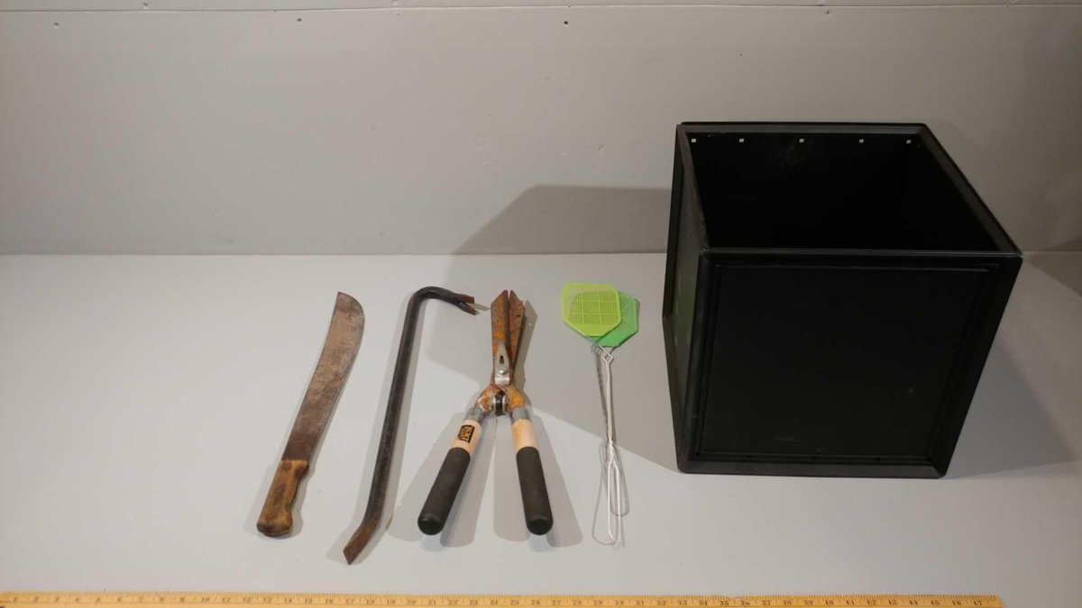 MACHETE, PRY BAR, HEDGE CLIPPERS, AND PLASTIC STORAGE BOX 