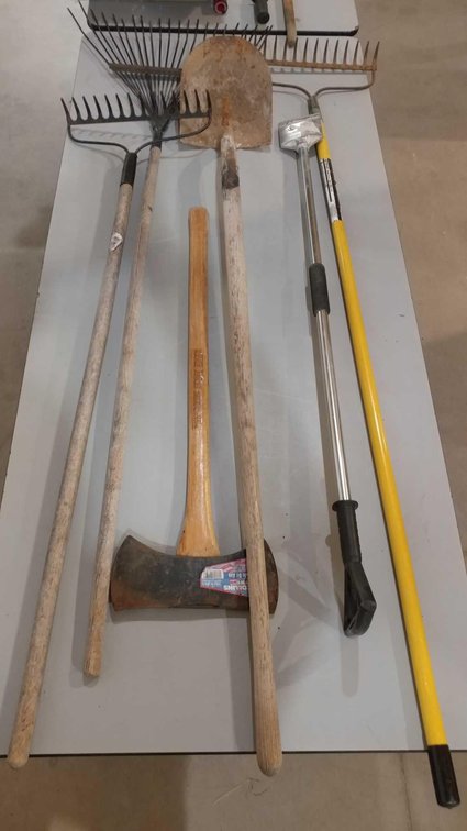 RAKES, SPADE SHOVEL, PUSH BROOM, AX, AND SCRAPPER