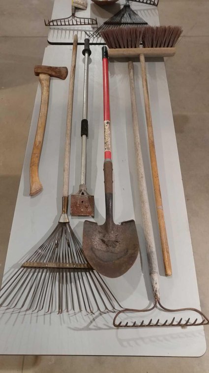 RAKES, SPADE SHOVEL, PUSH BROOM, AX, AND SCRAPER