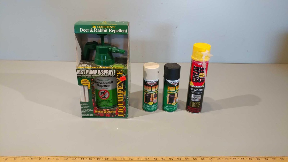 LIQUID FENCE DEER & RABBIT REPELLENT JUST PUMP & SPRAY, GREAT STUFF BIG GAP FILLER, (2) CANS RUST-OL