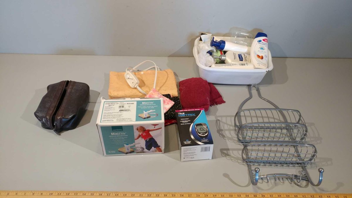 MINI ELITE COMPRESS NEBULIZER SYSTEM, SHOWER CADDY, HEATING PAD, LOTION, SHAMPOO, & OTHER ITEMS