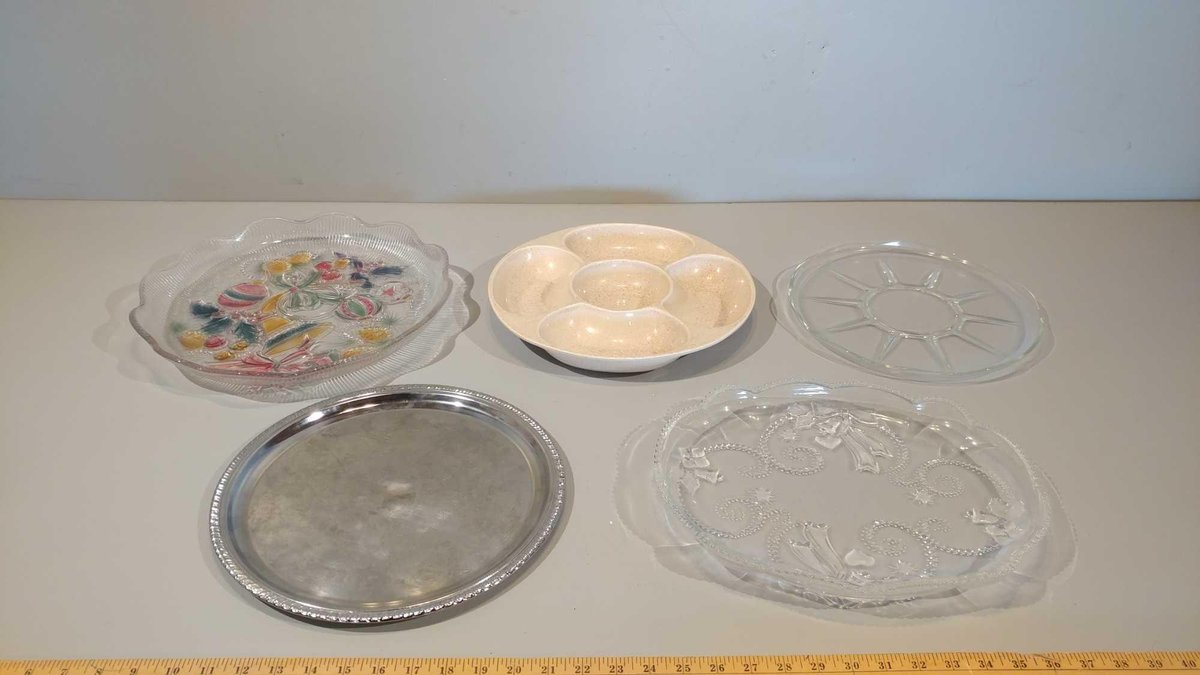 ASSORTMENT OF PLATTERS, GLASS, CERAMIC, AND SILVER