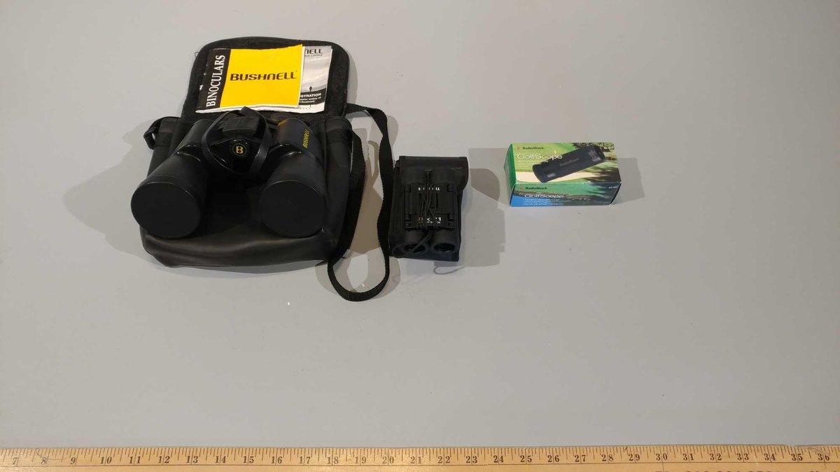 BUSHNELL BINOCULARS W/CASE, RADIO SHACK GOLF SCOPE, & SMALL BUSHNELL BINOCULARS W/CASE