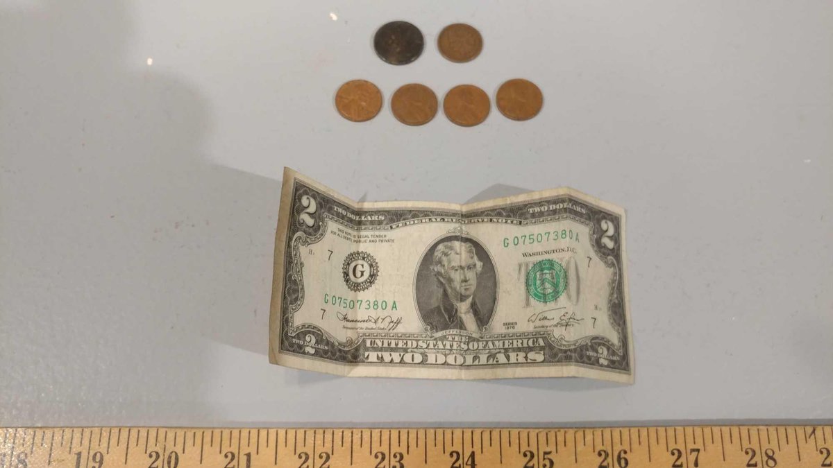 (6) VINTAGE PENNIES, AND (1) 2 DOLLAR BILL
