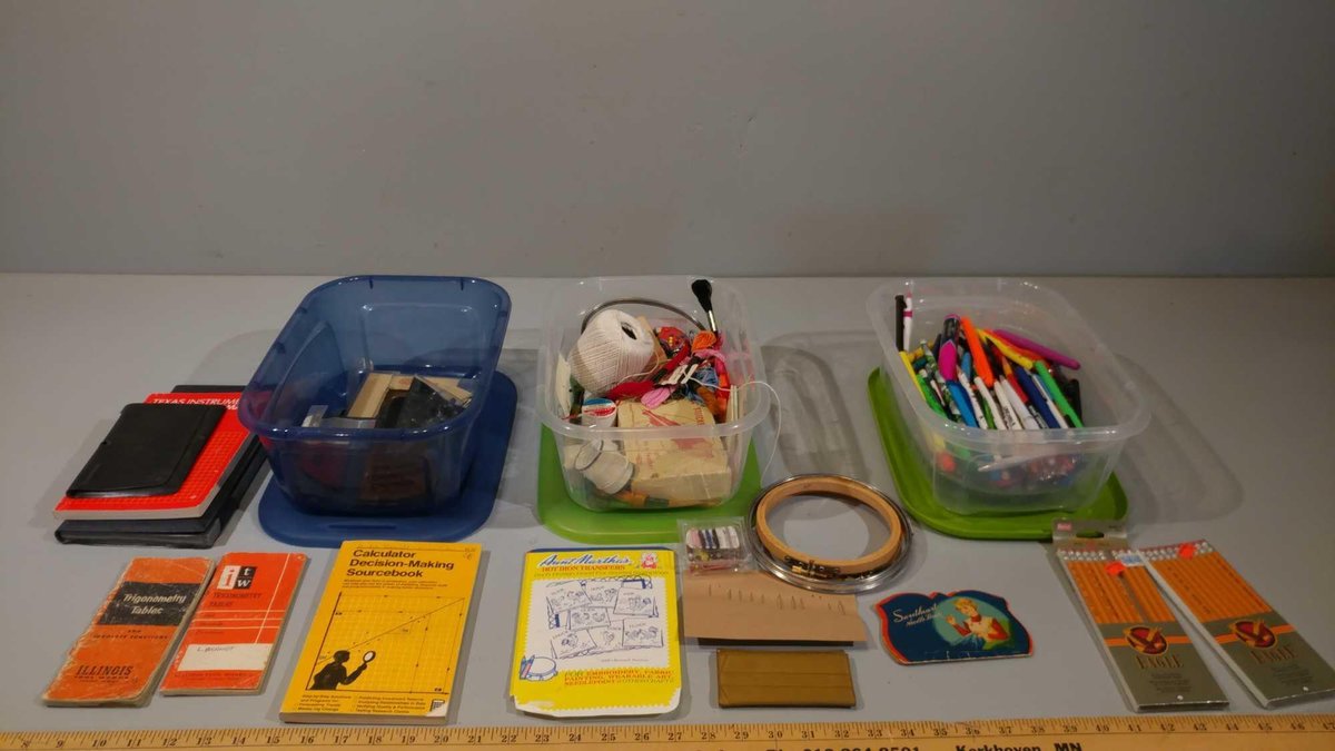 CONTAINER FULL OF PENS, CONTAINER FULL OF SEWING ITEMS, & CONTAINER FULL OF PROTRACTORS, COMPASSES, 