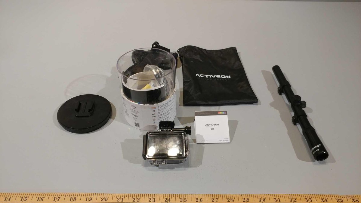 ACTIVEON CX ACTION CAMERA, WITH BELT & CASE, & TASCO 4 X 15 SCOPE FOR RIFLE