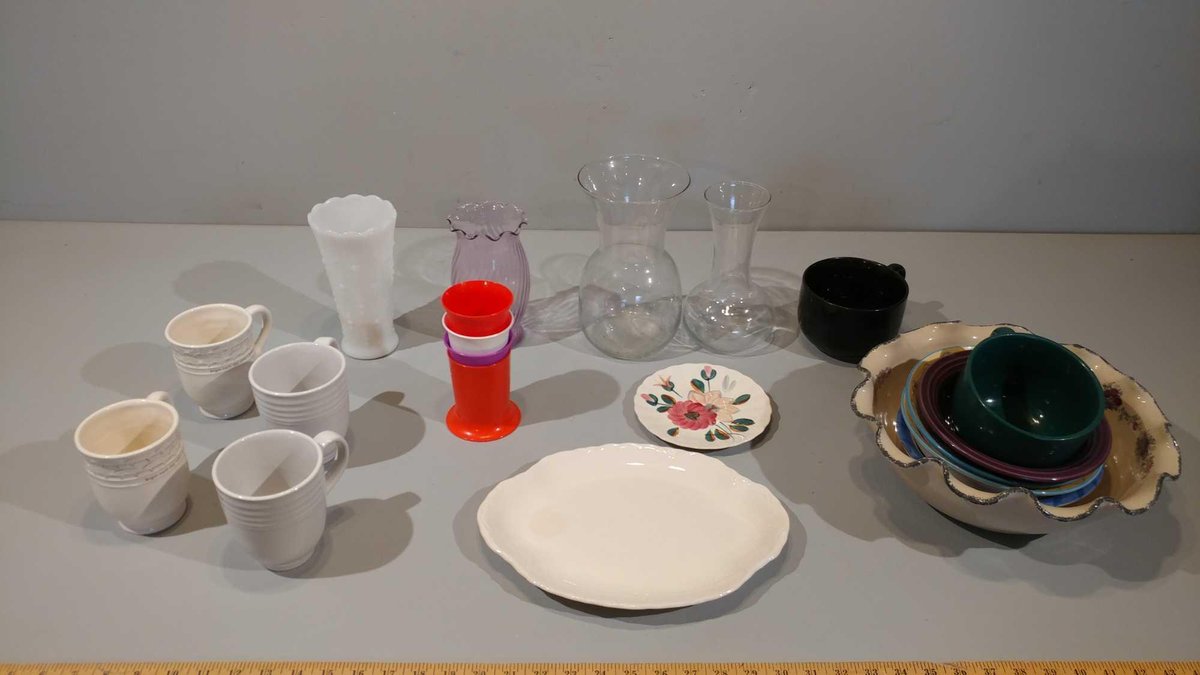 ASSORTMENT OF CUPS, BOWLS, VASES, AND OTHER MISC DISHES