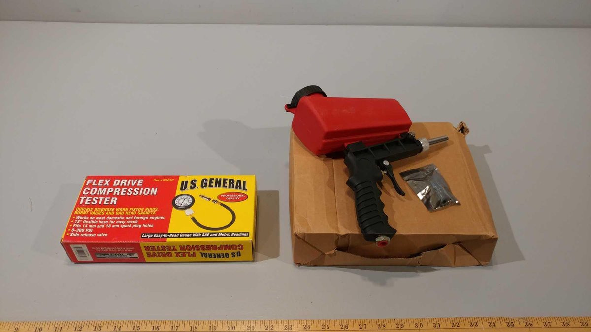 US GENERAL FLEX DRIVE COMPRESSION TESTER & SMALL HANDHELD SANDBLASTER, NEW