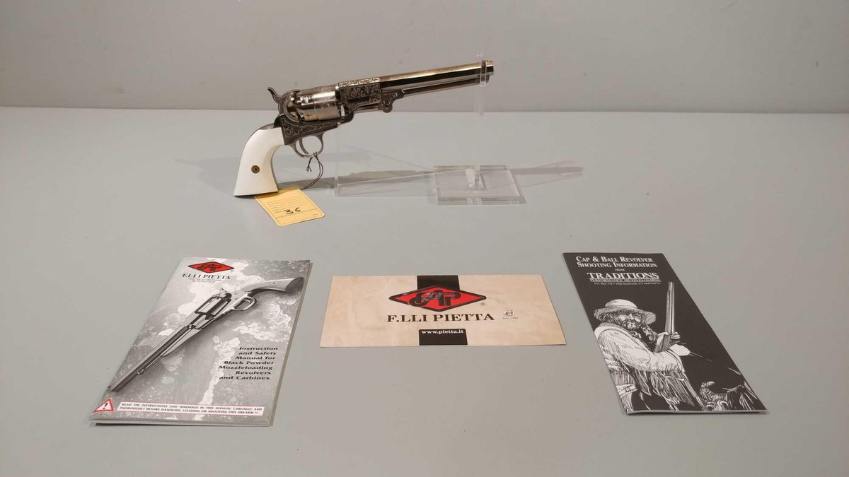 ITALY MODEL: 1851 NAVY 44 CAL, NICKEL, SER# 663782, FULLY ENGRAVED, (LOCATED AT MIKES GUN SHOP IN BE