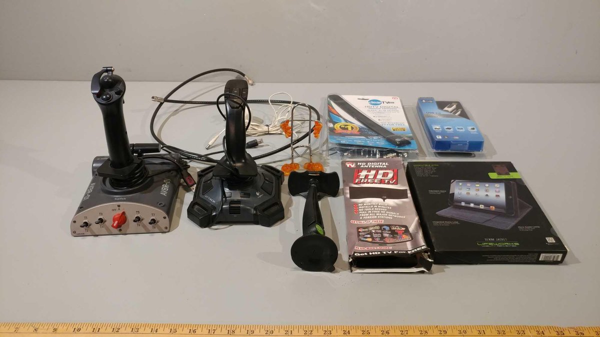 (2) JOYSTICKS, BELKIN PRINTER CABLE, HD DIGITAL ANTENNA, LIFEWORKS COVER FOR 9-10" TABLETS & MORE IT
