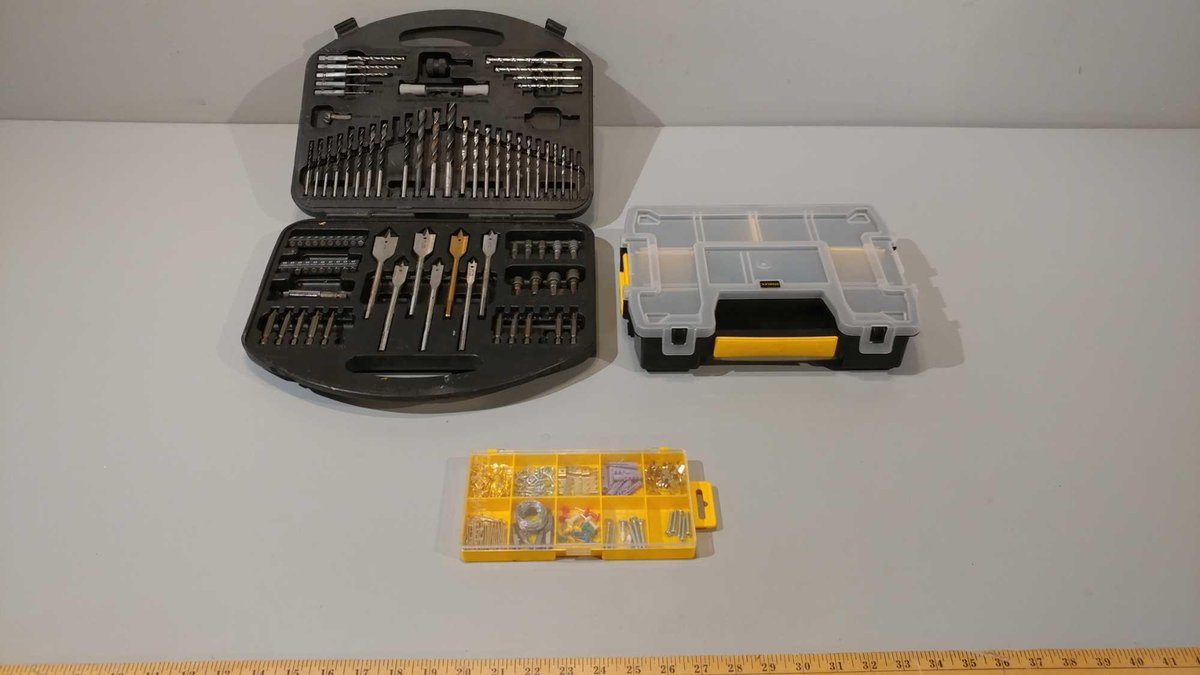 DRILL SET W/CASE, STANLEY SORAGE CONTAINER, & ASSORTMENT OF NAIL, SCREWS, TACKS, & OTHER ITEMS