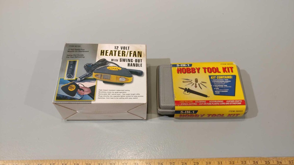 HARBOR FREIGHT 12 VOLT HEATER/FAN, & 5 IN 1 HOBBY TOOL KIT