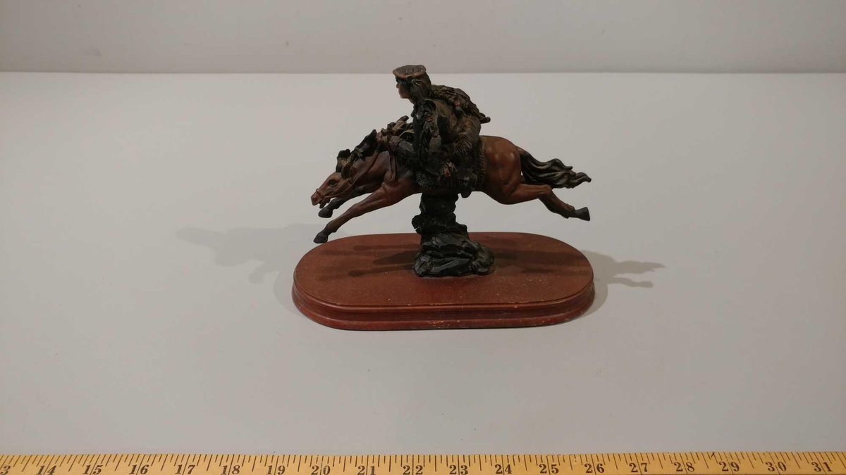 HORSE AND RIDER FIGURINE W/WOOD STAND