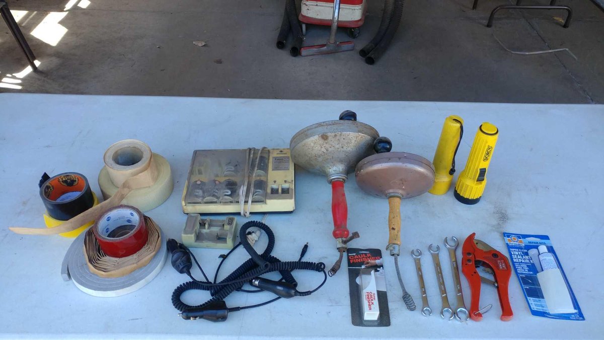 (2) DRAIN SNAKES, FLASHLIGHTS, TAPE, WEATHER STRIPING, AND MISC