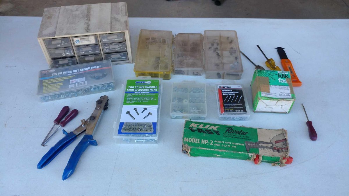 RIVET TOOL, ASSORTMENT OF RIVETS, ORGANIZERS W/MISC HARDWARE, LAMINATE CUTTER, AND MISC