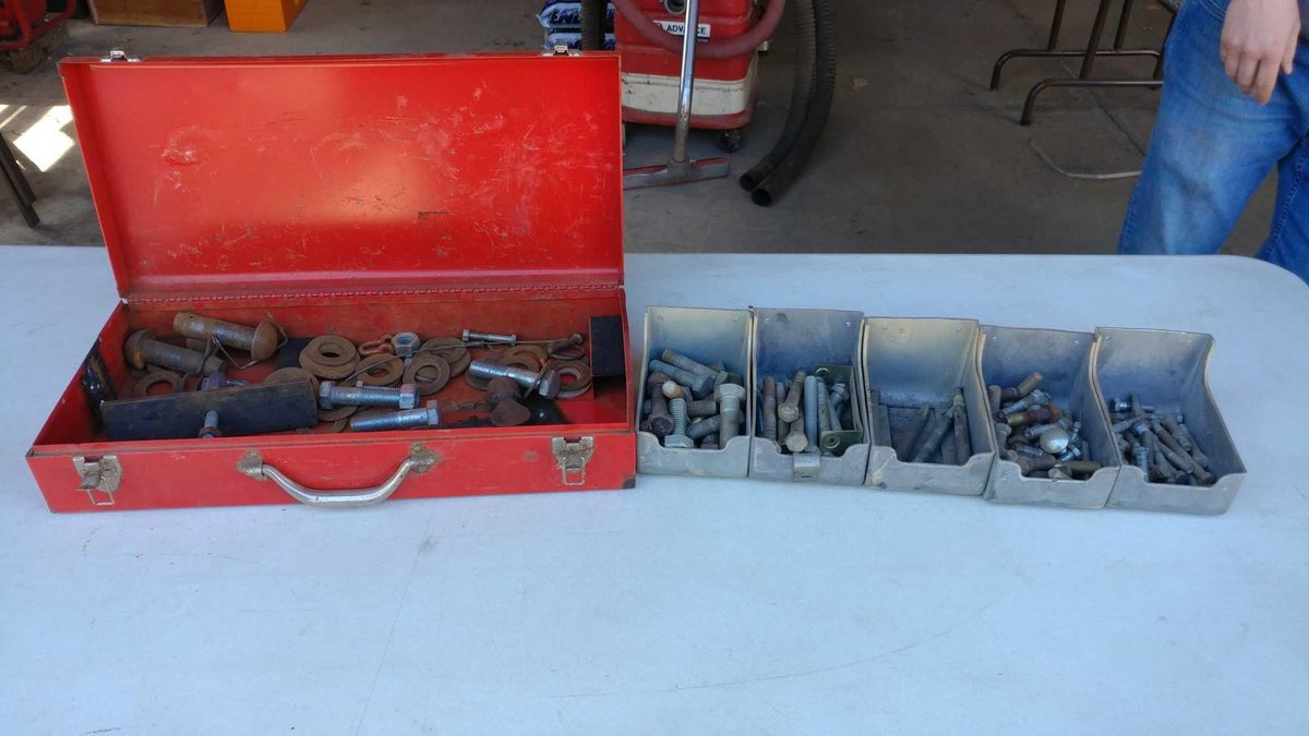 BOLT BINS W/ASSORTMENT OF BOLTS AND SAWSALL CASE W/MISC HARDWARE