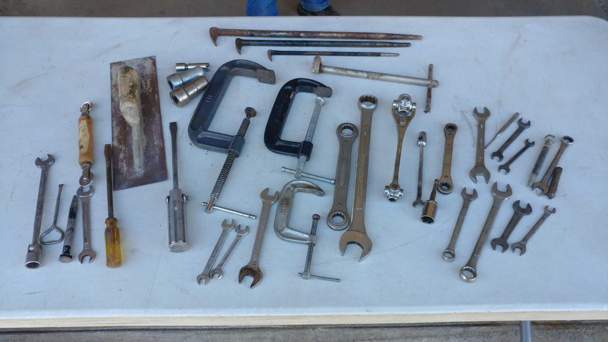 ASSORTMENT OF WRENCHES, C-CLAMPS, SCREEN TOOL, AND STEEL TROWEL