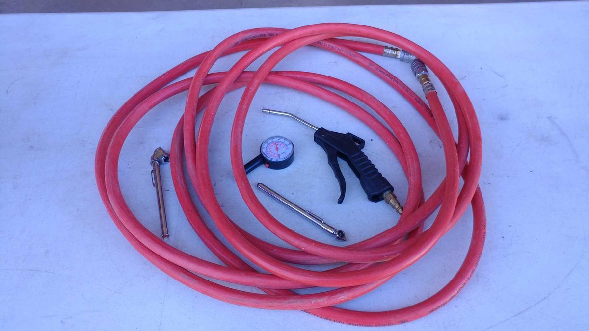 ROLL OF 3/8" AIR HOSE, GAUGES, AND AIR CHUCK