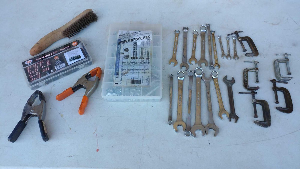 (2) ORGANIZING BINS W/SMALL NUTS, BOLTS, & WASHERS, CLAMPS, WRENCHES, AND WIRE BRUSH