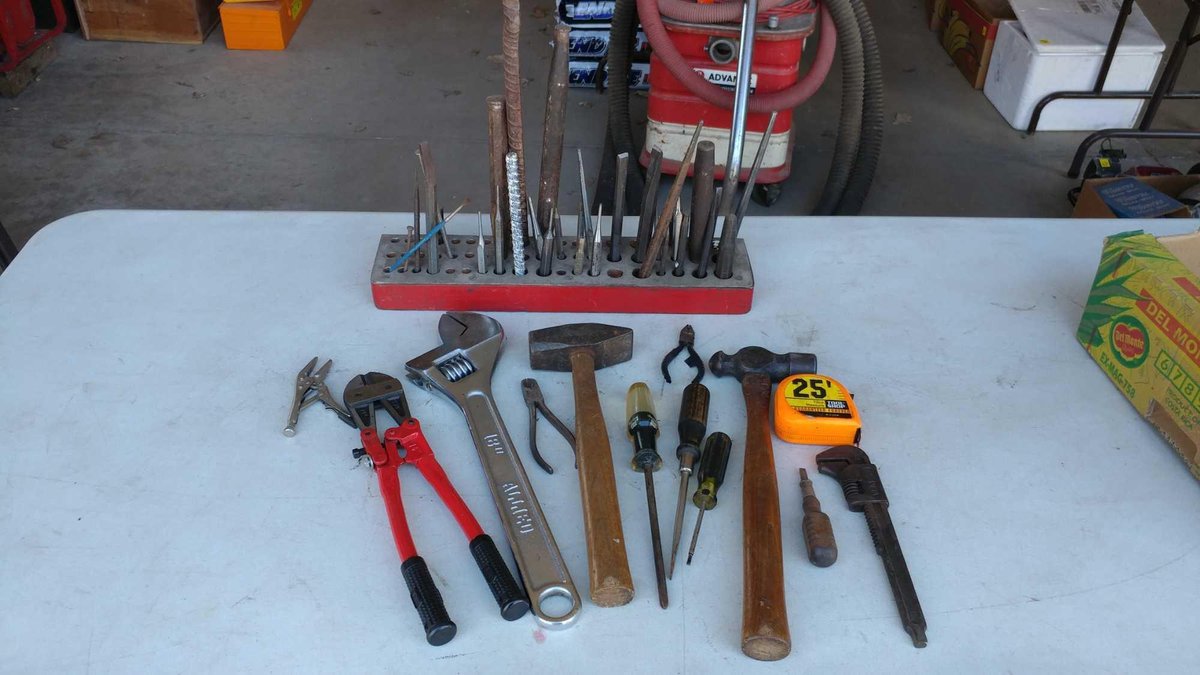 18" CRESCENT WRENCH, HAMMERS, BOLT CUTTER, PUNCHES & CHISELS, PLIERS, AND MISC
