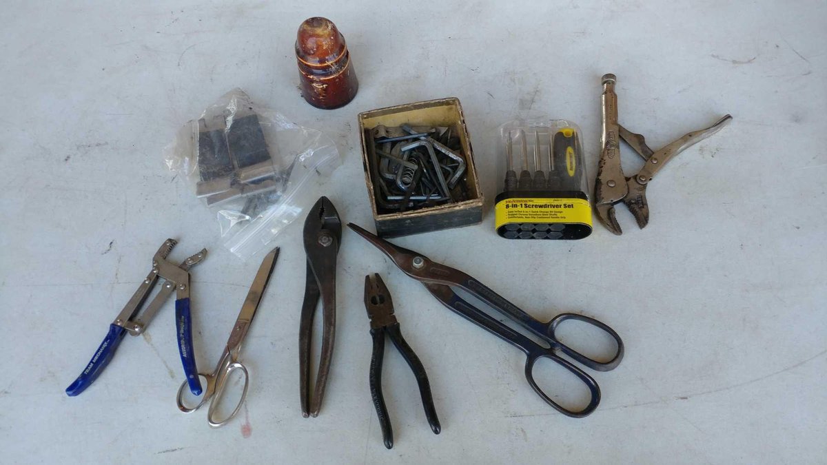SMALL SCREWDRIVER SET, ALLEN WRENCHES, PLIERS, TIN SNIPS, AND MISC