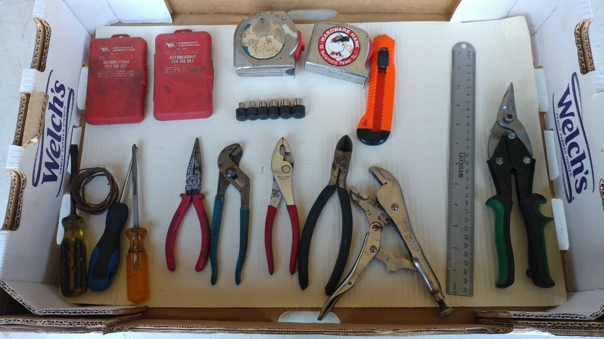 TAPE MEASURES, PLIERS, RE-THREADING HEX DIE SETS, SCREWDRIVERS, AND MISC