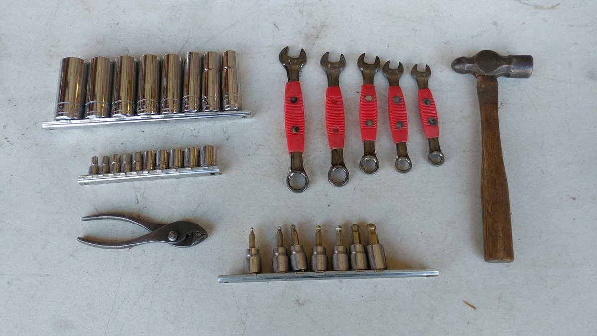 ASSORTMENT OF DEEP WELL SOCKETS, HAMMER, PLIERS, AND WRENCHES