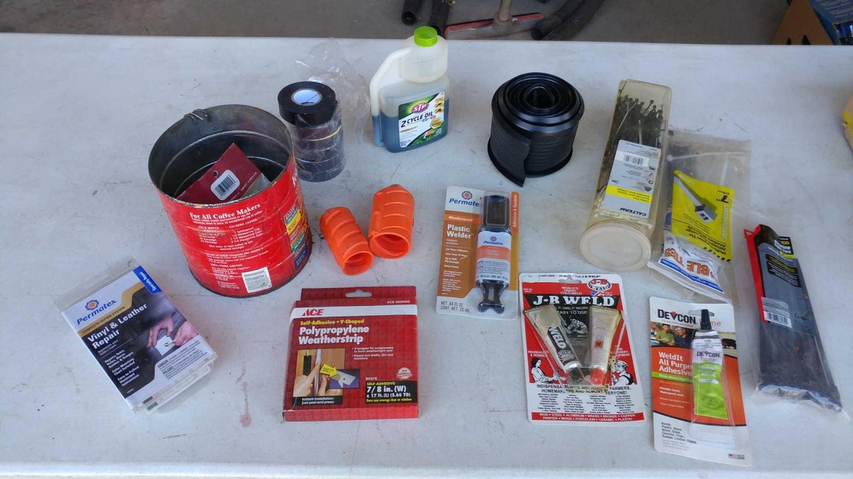 ELECTRICAL TAPE, ASSORTMENT OF ZIP TIES, CORD CONNECTORS, JB WELD, WEATHER STRIPING, AND MISC