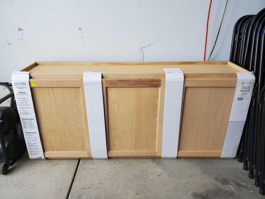 QUALITY ONE WOODWORK 3-DOOR UPPER CABINET, (LAUNDRY ROOM CABINET), OAK, 53"W X 23"H X 13"D