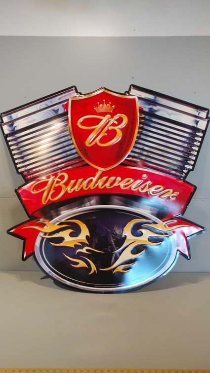 LARGE TIN BUDWEISER MOTORCYCLE ENGINE SIGN