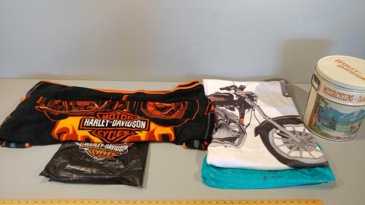 2 HARLEY BLANKETS, AND HARLEY DAVIDSON POPCORN CAN