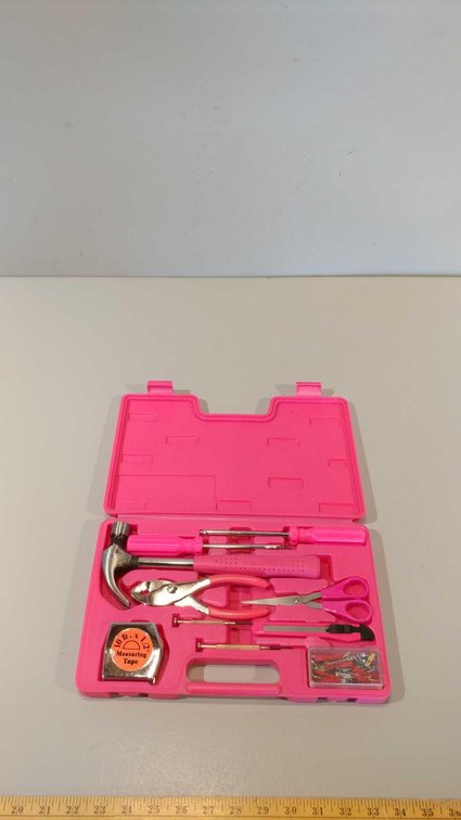 HOUSEHOLD TOOL KIT HAMMER, SCREWDRIVERS, SCISSORS, PLIERS, MEASURING TAPE, AND SCREWS