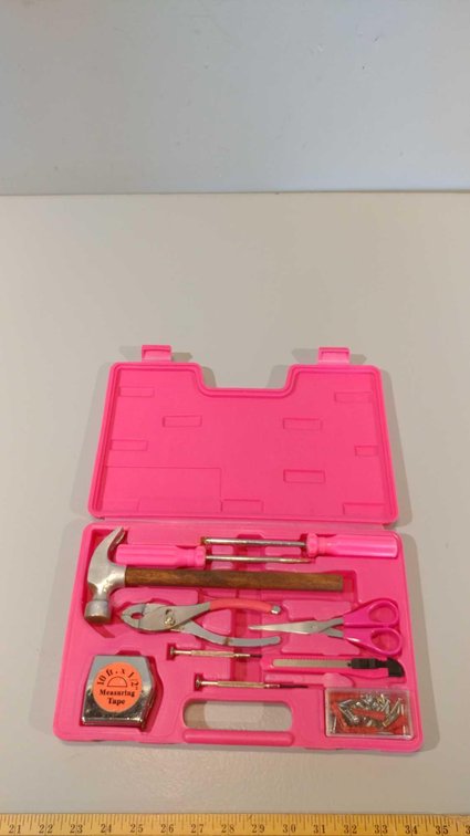 HOUSEHOLD TOOL KIT HAMMER, SCREWDRIVERS, SCISSORS, PLIERS, MEASURING TAPE, AND SCREWS