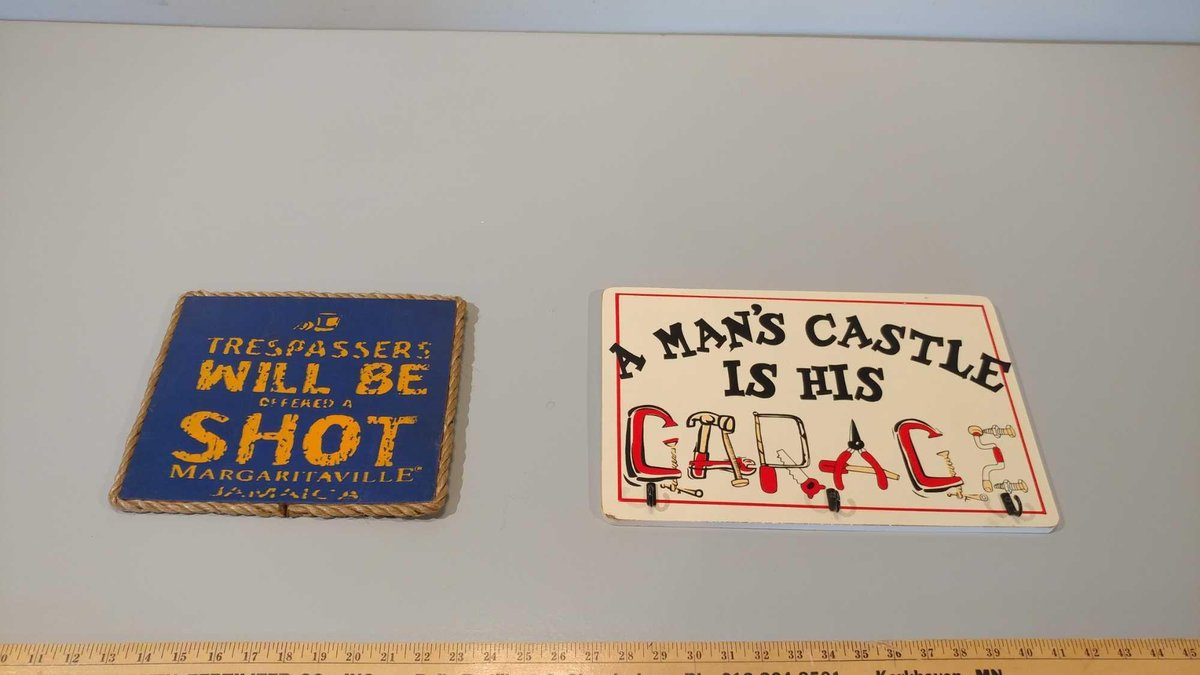 2 SIGNS, A MAN'S CASTLE... , TRESSPASSERS WILL BE...