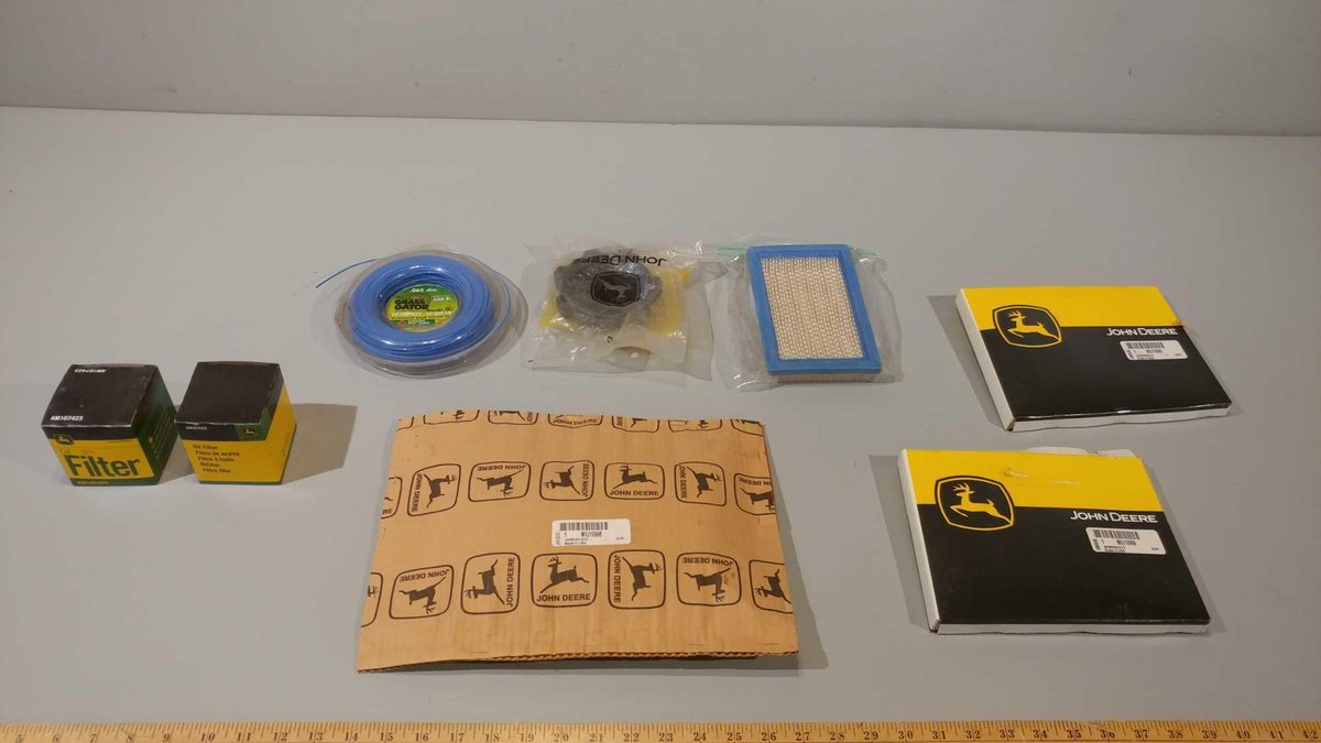 JOHN DEERE AIR FILTER, (2) AIR FILTERS, (2) OIL FILTERS, AND MISC