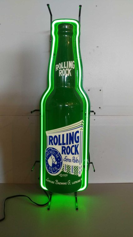 ROLLING ROCK EXTRA PALE, PREMIUM BEER BOTTLE NEON SIGN, (LITE ALL THE WAY AROUND THE BOTTLE), TESTE