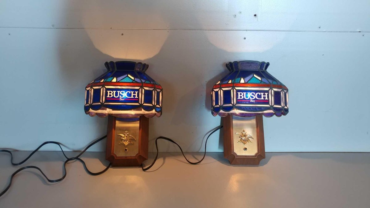 (2) BUSCH BEER WALL LIGHTS W/SHADES, TESTED & WORKS