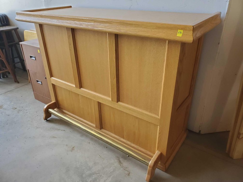 WOODEN BAR WITH BRASS FOOT REST,  58"W X 42"H X 23 1/2"D
