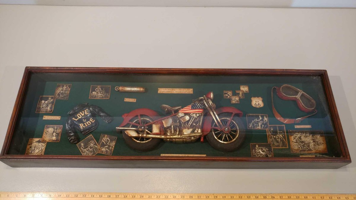 LARGE FRAMED W/GLASS MEMORY BOX, CUSTOMIZED 1936 MOTORBIKE WITH THE FAMOUS "STARS AND STRIPS", 41 1/