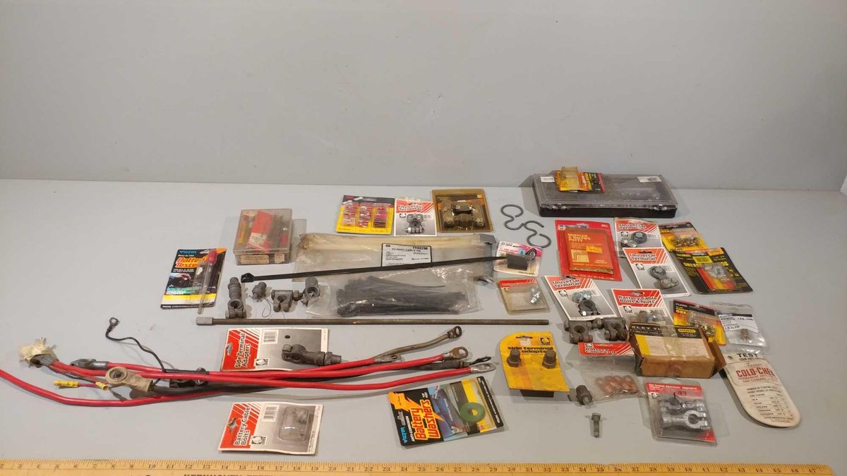LARGE ASSORTMENT OF GREASE FITTINGS, BATTERY TERMINAL ADAPTERS, LARGE ZIP TIES, AND OTHER MISC ITEMS