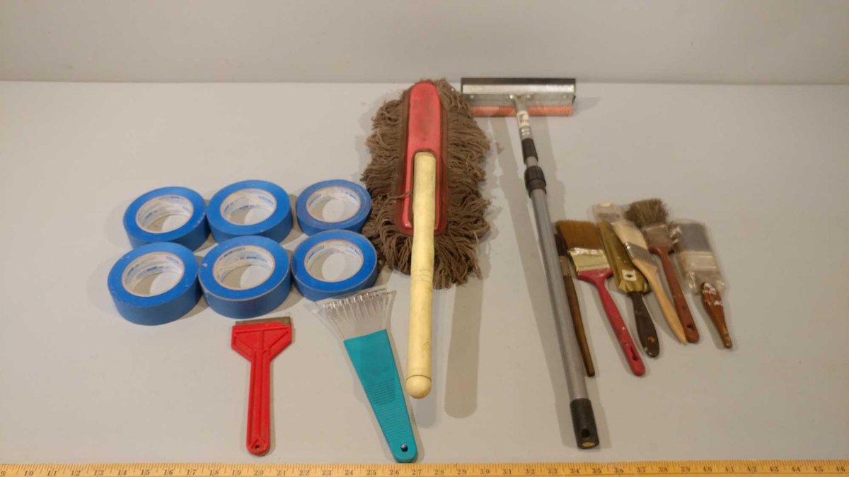 LARGE ASSORTMENT OF MASKING TAPE, DUSTER, SQUEEGEE, PAINT BRUSHES, & OTHER ITEMS