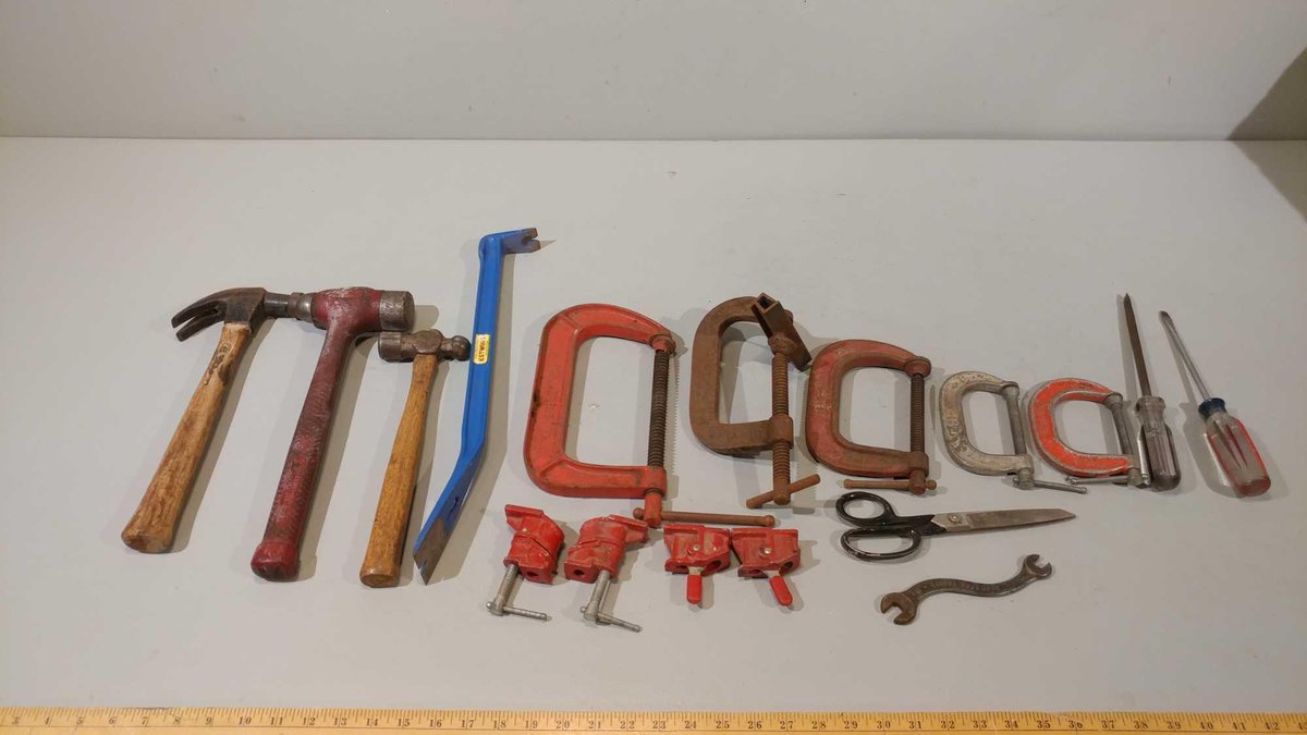 ASSORTMENT OF C-CLAMPS, HAMMERS, SCREWDRIVERS, SMALL CROW BAR, & OTHER ITEMS
