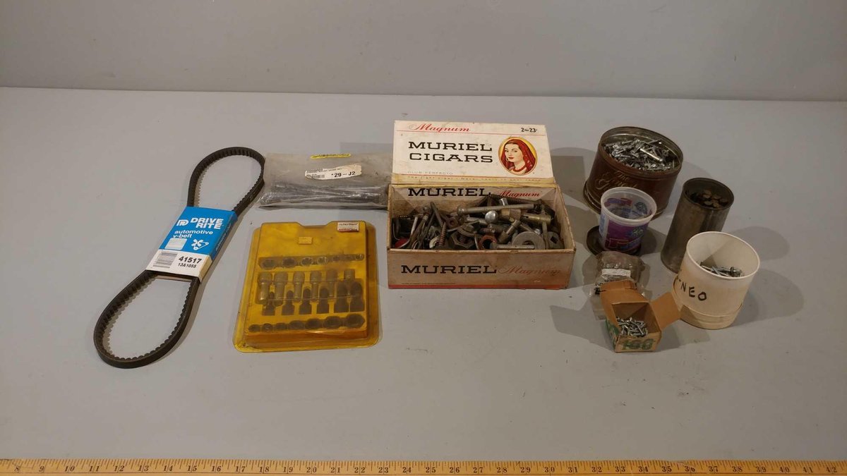 ASSORTMENT OF NAILS, SCREWS, BELTS, THREAD REAMING SET, & OTHER MISC ITEMS