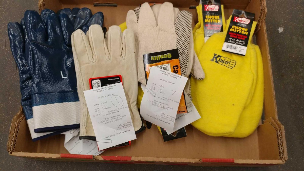 (3) L KINCO CHORE MITTENS, (2) L CANVAS WORK GLOVES, (2) L ARMOUR TOUGH PVC GLOVES, AND XXL LEATHER 