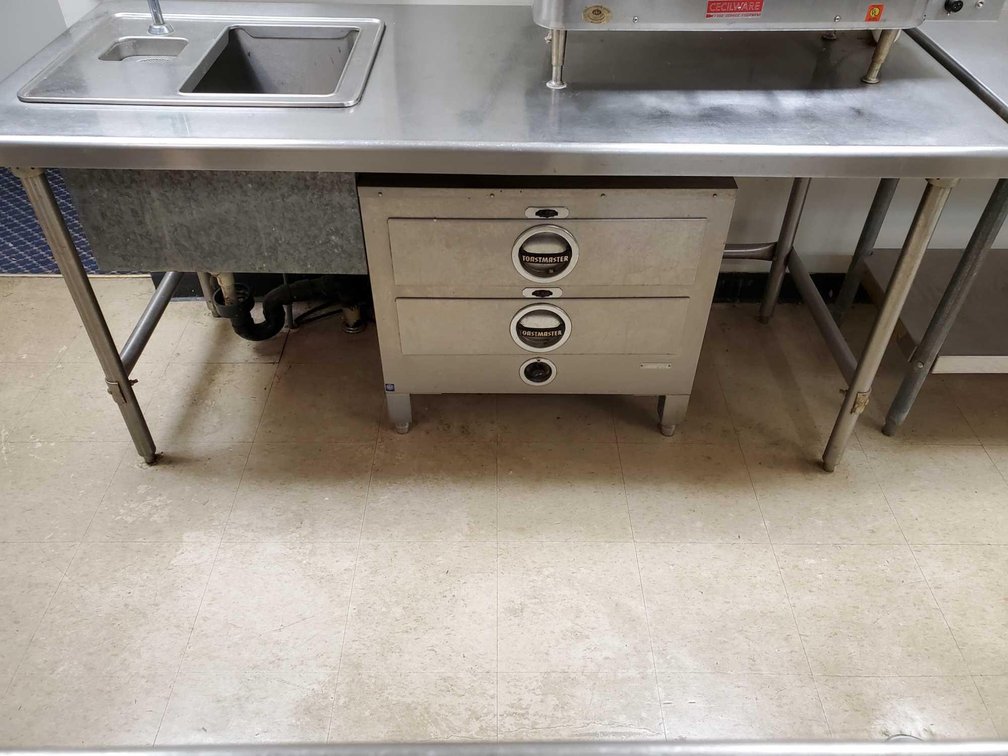 NSF RATED COMMERCIAL FOOD PREP TABLE W/SINK (72"W X 34"H X 30"D) AND NSF RATED TOASTMASTER BREAD WAR