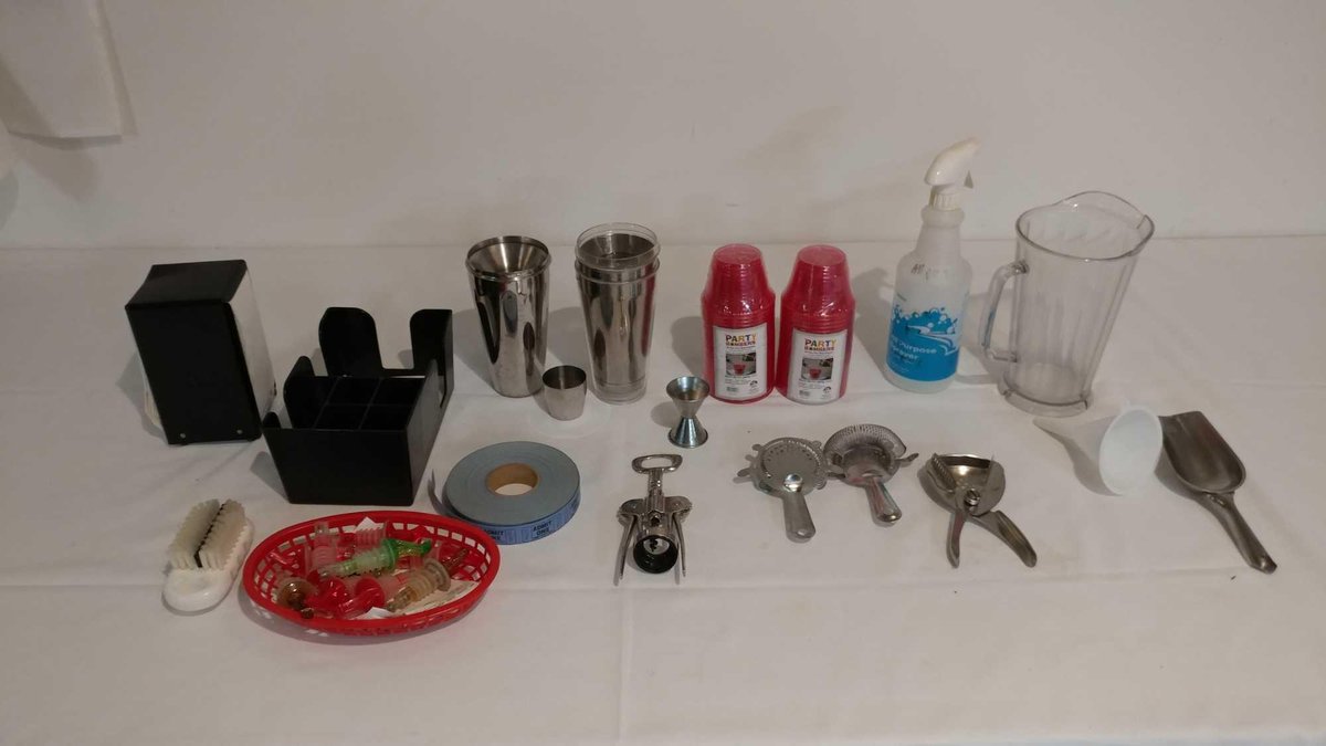ASSORTMENT OF BAR ITEMS SHAKER CUPS, PARTY BOMBER CUPS, PITCHER, CORKSCREW, NAPKIN HOLDERS, AND MORE