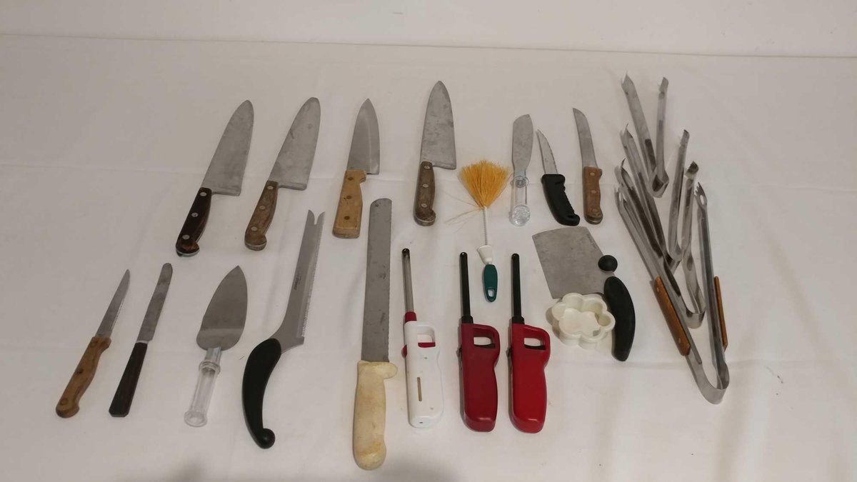 VARIETY OF KITCHEN UTENSILS KNIVES, TONGS, LIGHTERS, CLEAVER, AND MORE