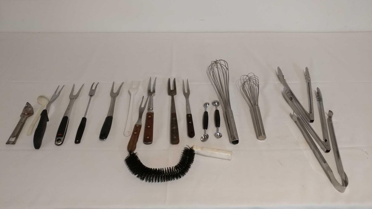 VARIETY OF KITCHEN UTENSILS TONGS, MEAT FORKS, CAN OPENER, MELON BALLERS, WHISKS, AND MORE
